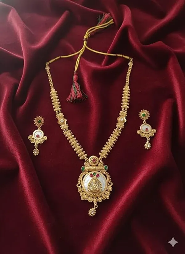 CRUSSTIQUE_GOLD_Traditional_Necklace_Set_for_Women_with_Antique_Finish,_Green_and_Red_Stone_Embellishments,_Includes_Matching_Earrings_for_Bridal_and_Festive_Occasions