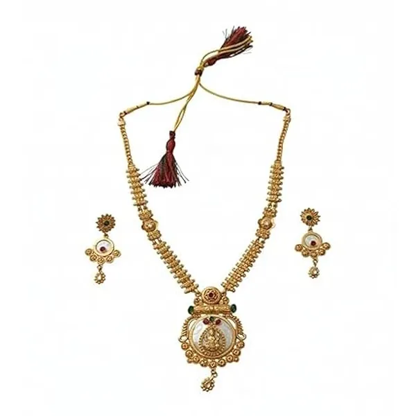 CRUSSTIQUE_GOLD_Traditional_Necklace_Set_for_Women_with_Antique_Finish,_Green_and_Red_Stone_Embellishments,_Includes_Matching_Earrings_for_Bridal_and_Festive_Occasions