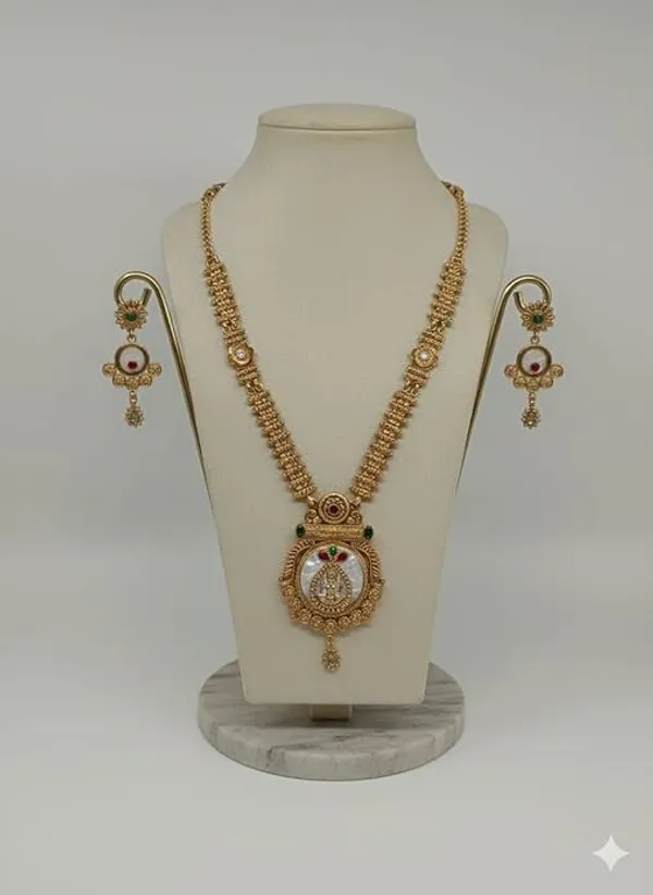 CRUSSTIQUE_GOLD_Traditional_Necklace_Set_for_Women_with_Antique_Finish,_Green_and_Red_Stone_Embellishments,_Includes_Matching_Earrings_for_Bridal_and_Festive_Occasions