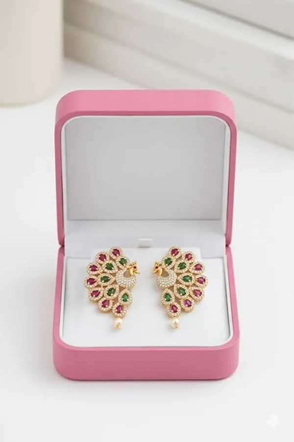 CRUSSTIQUE_GOLD�_Gold_Plated_Peacock_Earrings_with_Ruby,_Emerald,_Pearl_Drop,_Traditional_Indian_Jewelry
