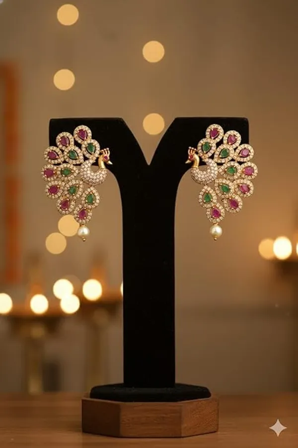 CRUSSTIQUE_GOLD�_Gold_Plated_Peacock_Earrings_with_Ruby,_Emerald,_Pearl_Drop,_Traditional_Indian_Jewelry