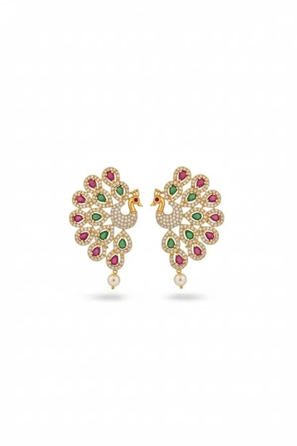 CRUSSTIQUE_GOLD�_Gold_Plated_Peacock_Earrings_with_Ruby,_Emerald,_Pearl_Drop,_Traditional_Indian_Jewelry