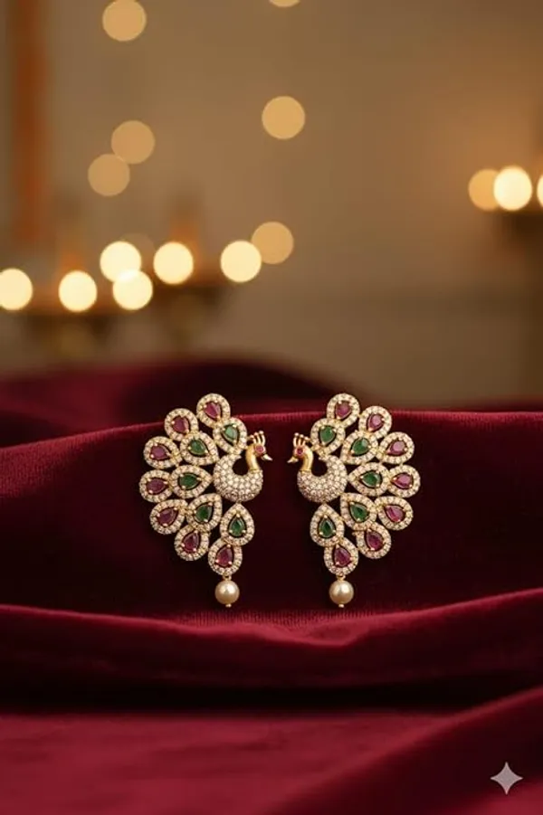 CRUSSTIQUE_GOLD�_Gold_Plated_Peacock_Earrings_with_Ruby,_Emerald,_Pearl_Drop,_Traditional_Indian_Jewelry
