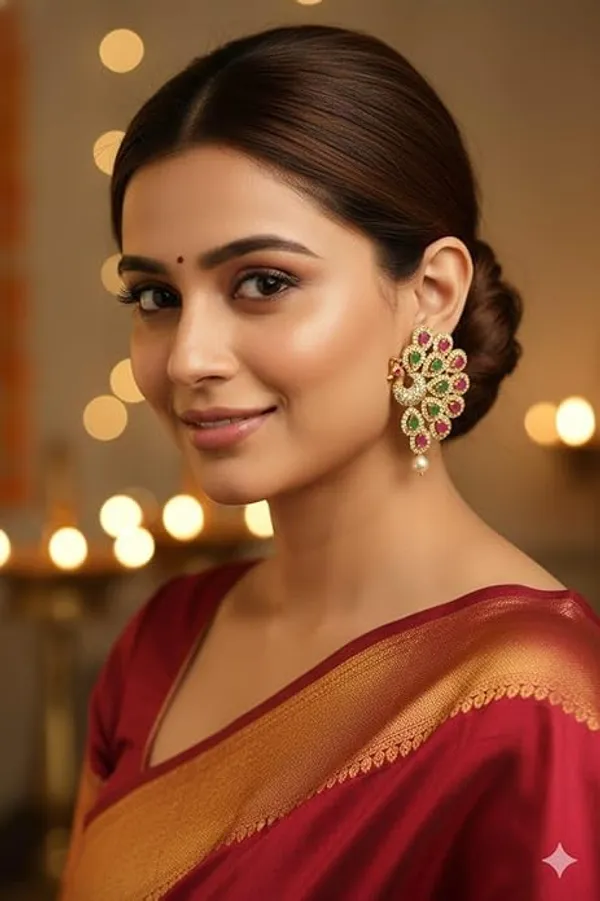 CRUSSTIQUE_GOLD�_Gold_Plated_Peacock_Earrings_with_Ruby,_Emerald,_Pearl_Drop,_Traditional_Indian_Jewelry