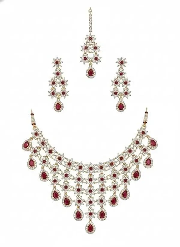 CRUSSTIQUE_GOLD�_Indian_Bridal_Necklace_Set_with_Earrings_and_Maang_Tikka,_Gold_Plated,_Traditional_Wedding_Jewellery_(Pink)
