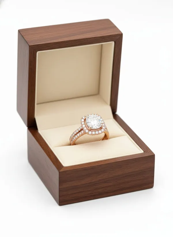 CRUSSTIQUE_GOLD_Cushion_Cut_Diamond_Engagement_Ring_in_Rose_Gold,_Halo_Design_with_Pave_Set_Diamonds,_Double_Band_Wedding_Ring_(Design_8)