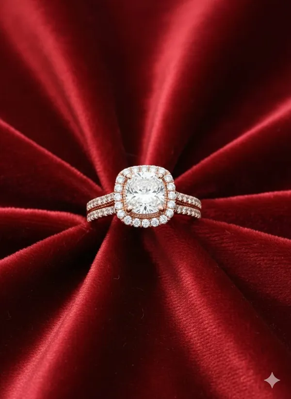 CRUSSTIQUE_GOLD_Cushion_Cut_Diamond_Engagement_Ring_in_Rose_Gold,_Halo_Design_with_Pave_Set_Diamonds,_Double_Band_Wedding_Ring_(Design_8)