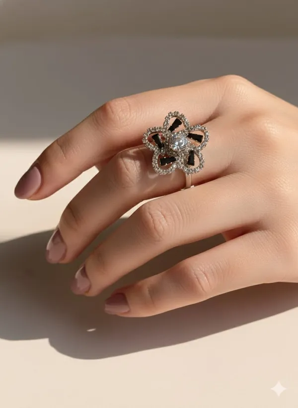 Sterling_Silver_Flower_Ring_with_Crystal_Center,_Black_Enamel_Petals,_Cubic_Zirconia_Accents,_Fashion_Statement_Jewelry_(Design_9)