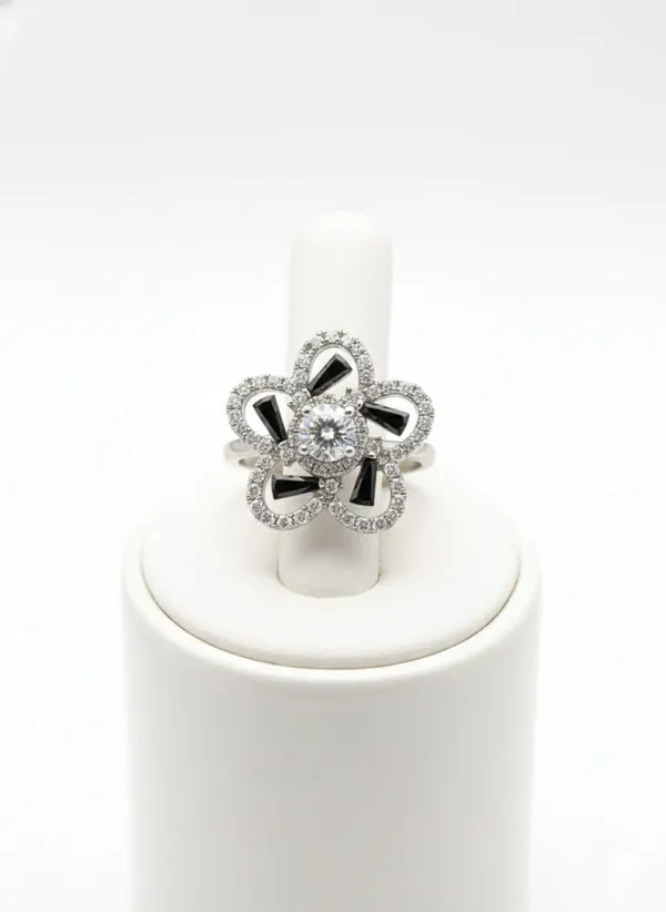 Sterling_Silver_Flower_Ring_with_Crystal_Center,_Black_Enamel_Petals,_Cubic_Zirconia_Accents,_Fashion_Statement_Jewelry_(Design_9)