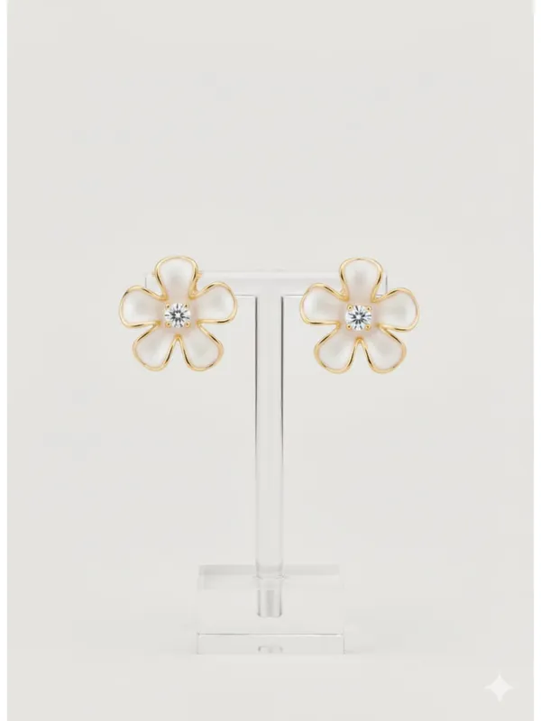 CRUSSTIQUE_GOLD_Floral_Pearl_Stud_Earrings_�_Elegant_Flower_Design_with_Crystal_Center