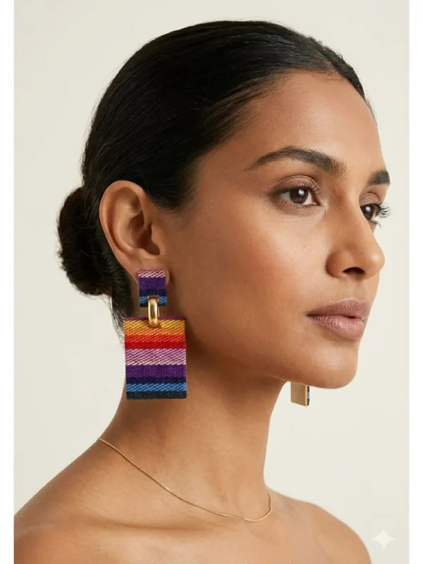 CRUSSTIQUE_GOLD_Multicolor_Fabric_Drop_Earrings_�_Trendy_Geometric_Statement_Design