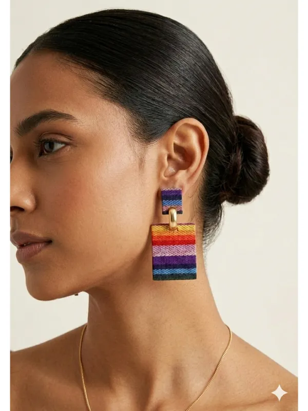 CRUSSTIQUE_GOLD_Multicolor_Fabric_Drop_Earrings_�_Trendy_Geometric_Statement_Design