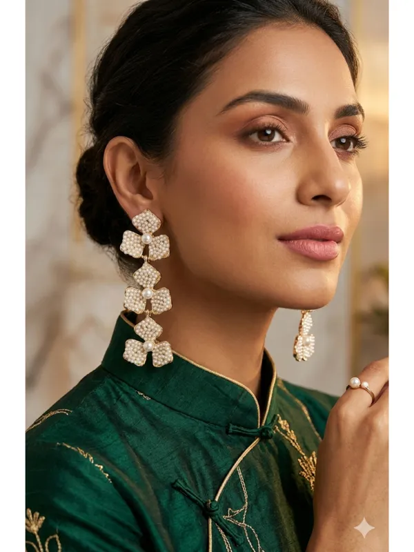 CRUSSTIQUE_GOLD_Pearl_Floral_Drop_Earrings_�_Elegant_Long_Statement_Party_Wear_Design
