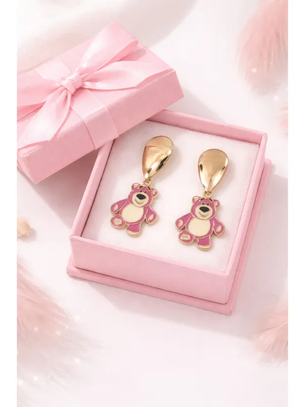 CRUSSTIQUE_GOLD_Cute_Pink_Lotso_Bear_Enamel_Drop_Earrings_for_Women_&_Girls