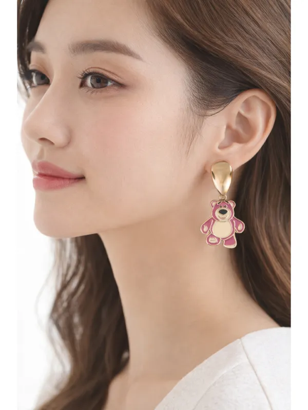 CRUSSTIQUE_GOLD_Cute_Pink_Lotso_Bear_Enamel_Drop_Earrings_for_Women_&_Girls