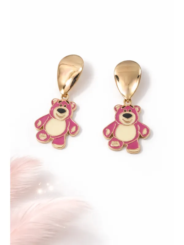 CRUSSTIQUE_GOLD_Cute_Pink_Lotso_Bear_Enamel_Drop_Earrings_for_Women_&_Girls