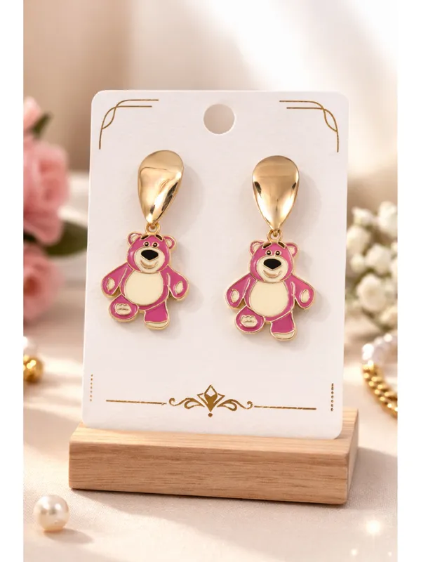 CRUSSTIQUE_GOLD_Cute_Pink_Lotso_Bear_Enamel_Drop_Earrings_for_Women_&_Girls