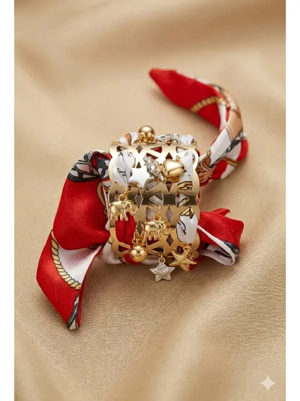 CRUSSTIQUE_GOLD_Luxury_Charm-Embedded_Lattice_Cuff_Bracelet_with_Silk_Scarf_Wrap