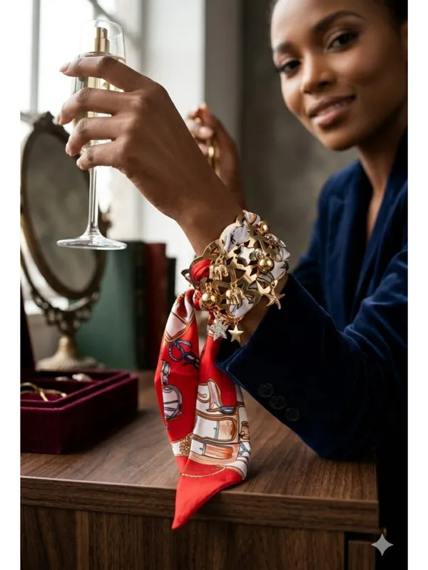 CRUSSTIQUE_GOLD_Luxury_Charm-Embedded_Lattice_Cuff_Bracelet_with_Silk_Scarf_Wrap