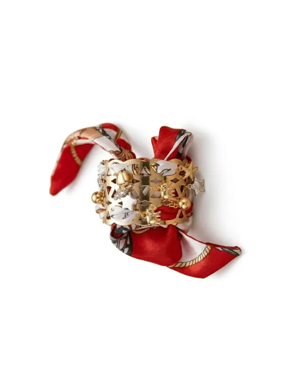 CRUSSTIQUE_GOLD_Luxury_Charm-Embedded_Lattice_Cuff_Bracelet_with_Silk_Scarf_Wrap