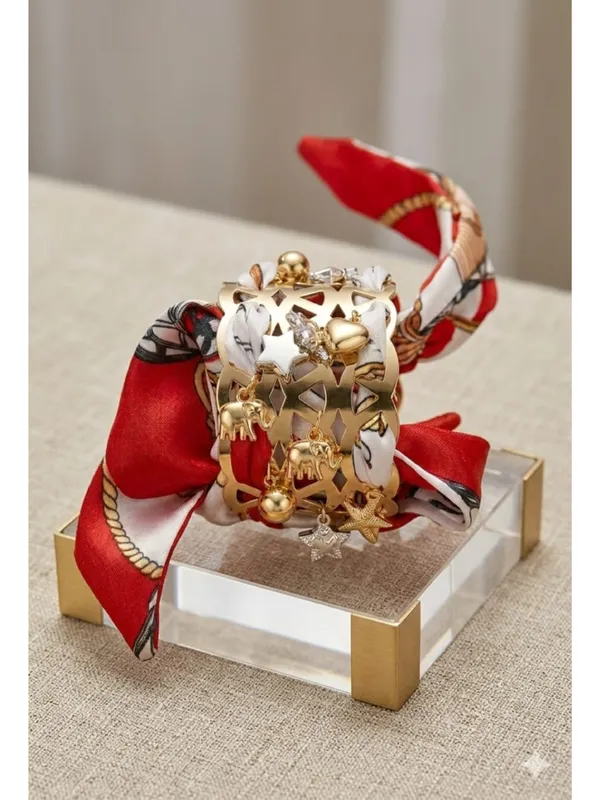 CRUSSTIQUE_GOLD_Luxury_Charm-Embedded_Lattice_Cuff_Bracelet_with_Silk_Scarf_Wrap