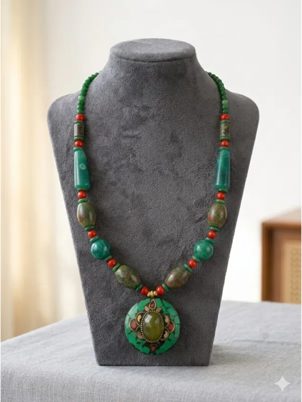 CRUSSTIQUE_GOLD_Bohemian_Tribal_Emerald_Green_Beaded_Statement_Necklace_with_Mosaic_Pendant
