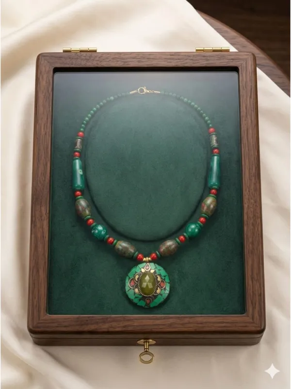 CRUSSTIQUE_GOLD_Bohemian_Tribal_Emerald_Green_Beaded_Statement_Necklace_with_Mosaic_Pendant