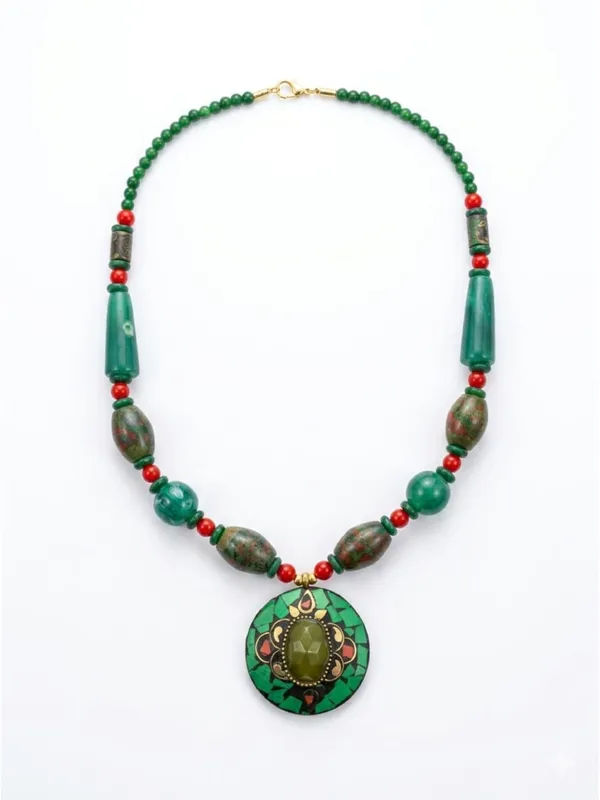 CRUSSTIQUE_GOLD_Bohemian_Tribal_Emerald_Green_Beaded_Statement_Necklace_with_Mosaic_Pendant