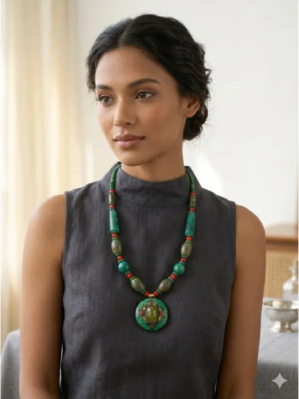 CRUSSTIQUE_GOLD_Bohemian_Tribal_Emerald_Green_Beaded_Statement_Necklace_with_Mosaic_Pendant