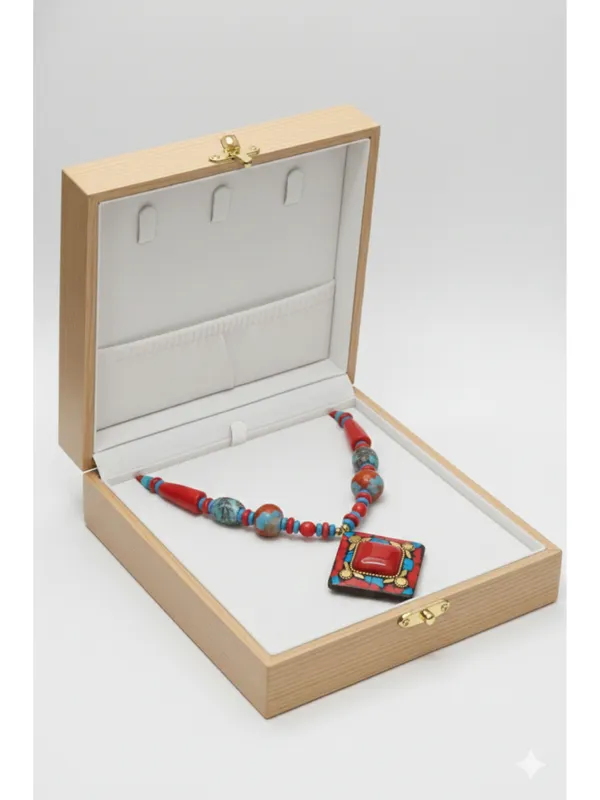CRUSSTIQUE_GOLD_Ethnic_Crimson_Red_&_Turquoise_Beaded_Statement_Necklace_with_Geometric_Pendant