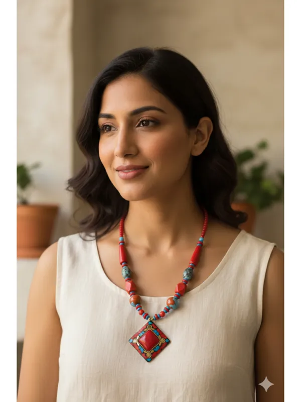CRUSSTIQUE_GOLD_Ethnic_Crimson_Red_&_Turquoise_Beaded_Statement_Necklace_with_Geometric_Pendant