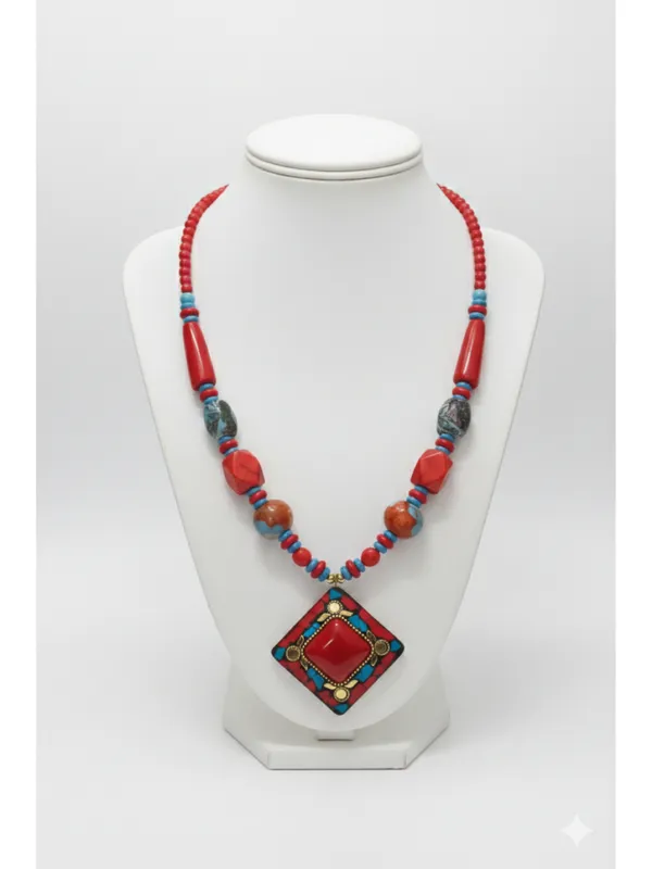 CRUSSTIQUE_GOLD_Ethnic_Crimson_Red_&_Turquoise_Beaded_Statement_Necklace_with_Geometric_Pendant