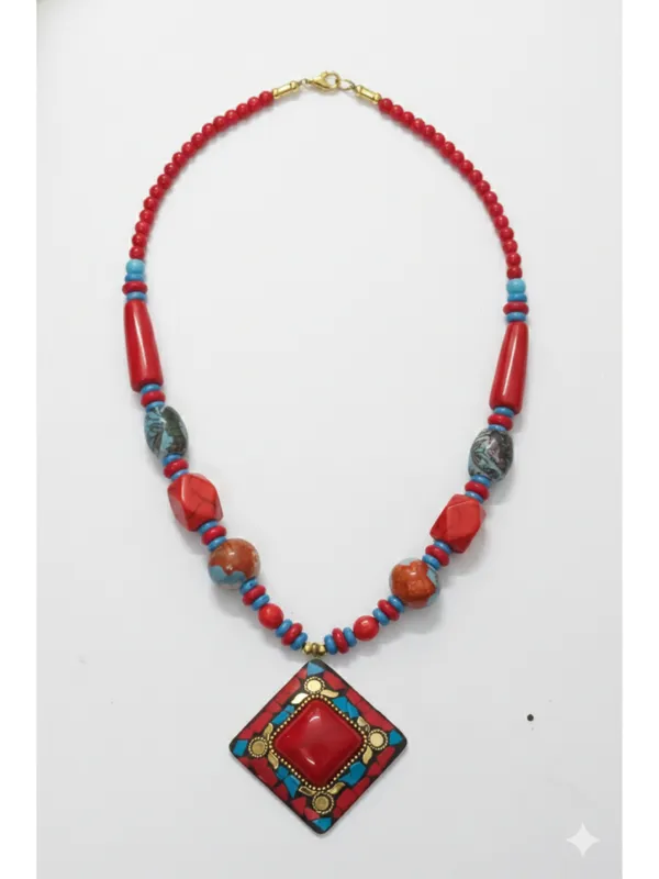 CRUSSTIQUE_GOLD_Ethnic_Crimson_Red_&_Turquoise_Beaded_Statement_Necklace_with_Geometric_Pendant