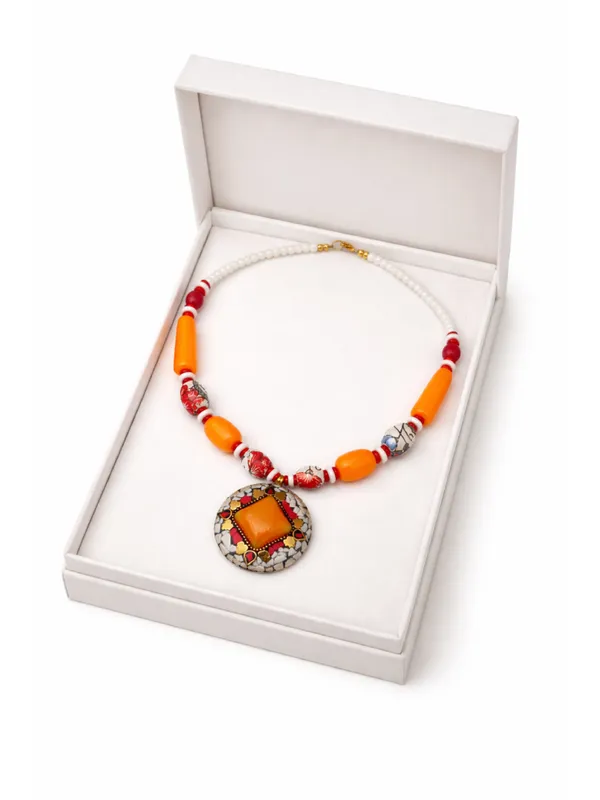 CRUSSTIQUE_GOLD_Sunset_Orange_Mosaic_Pendant_Necklace_with_Hand-Painted_Beaded_Accents