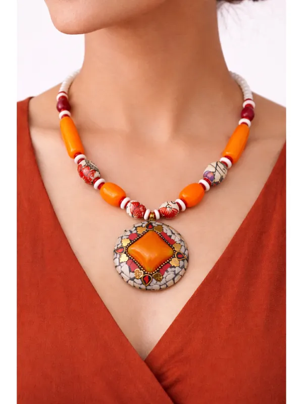 CRUSSTIQUE_GOLD_Sunset_Orange_Mosaic_Pendant_Necklace_with_Hand-Painted_Beaded_Accents
