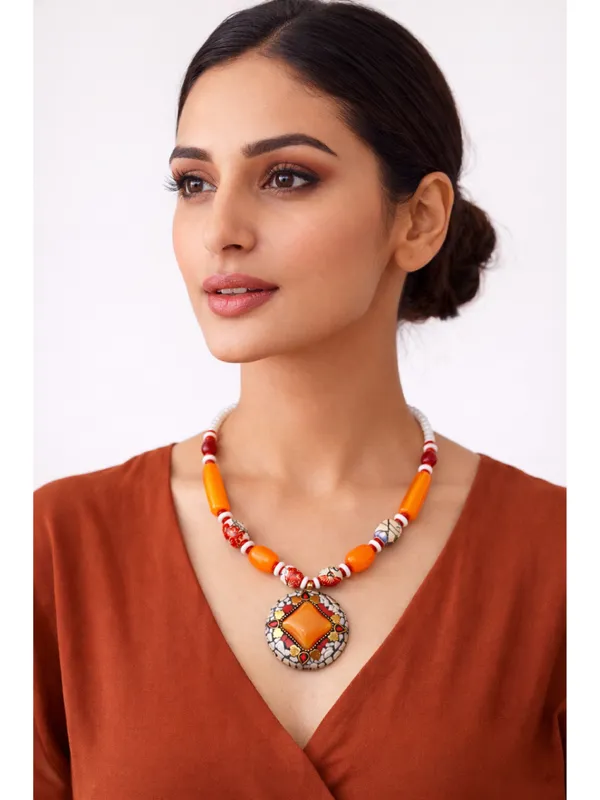 CRUSSTIQUE_GOLD_Sunset_Orange_Mosaic_Pendant_Necklace_with_Hand-Painted_Beaded_Accents