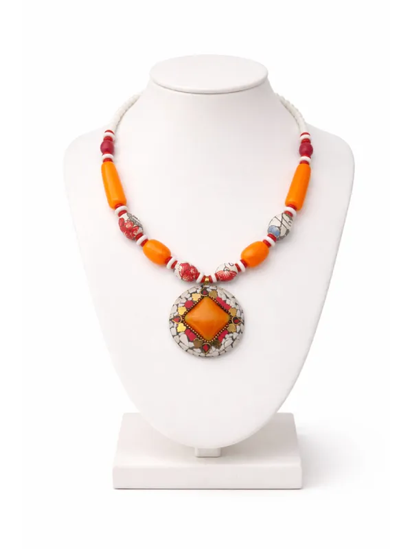 CRUSSTIQUE_GOLD_Sunset_Orange_Mosaic_Pendant_Necklace_with_Hand-Painted_Beaded_Accents