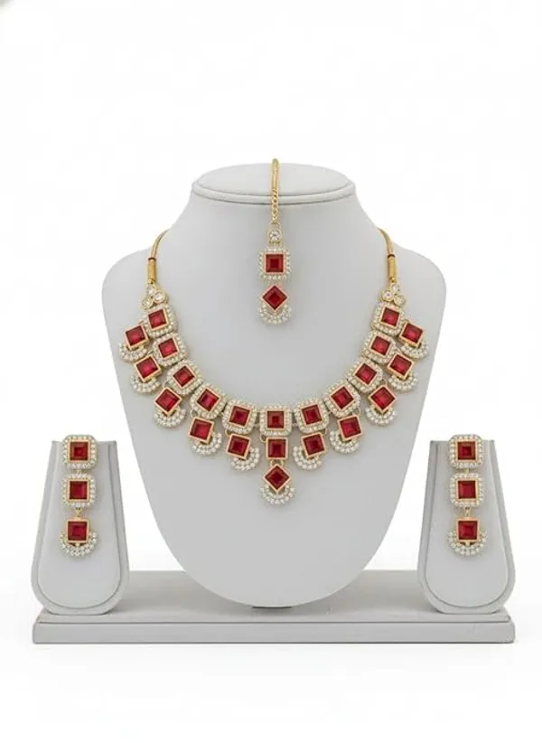 CRUSSTIQUE_GOLD�_Indian_Bridal_Necklace_Set_with_Earrings_and_Maang_Tikka,_Gold_Plated,_Traditional_Wedding_Jewellery_(Red)