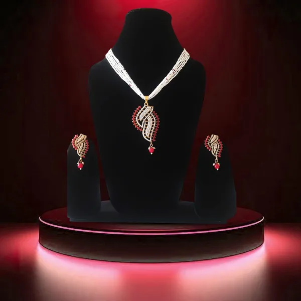 Blue_Elegant_Artificial_Jewellery_Set_For_Women_|_White_Beaded_Necklace_With_Red_Stone_Pendant_&_Matching_Earrings