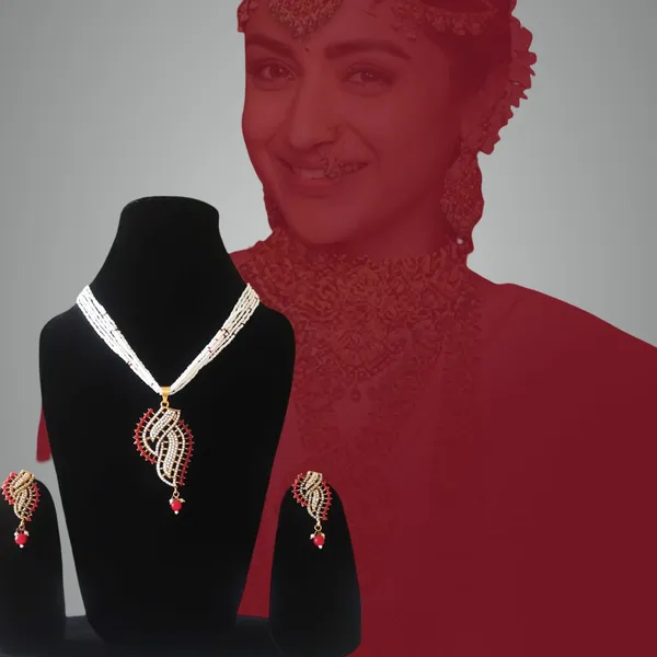Blue_Elegant_Artificial_Jewellery_Set_For_Women_|_White_Beaded_Necklace_With_Red_Stone_Pendant_&_Matching_Earrings