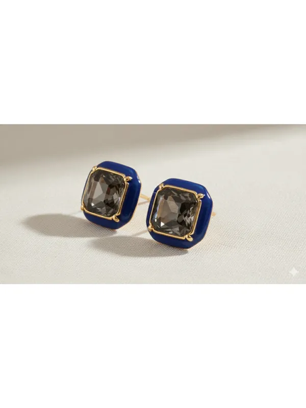 CRUSSTIQUE_GOLD_Emerald_Cut_Crystal_Stud_Earrings,_Red_and_Smoky_Grey_Stone,_Rectangular_Statement_Jewelry_(Square_Blue)