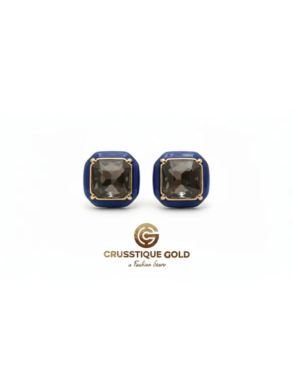 CRUSSTIQUE_GOLD_Emerald_Cut_Crystal_Stud_Earrings,_Red_and_Smoky_Grey_Stone,_Rectangular_Statement_Jewelry_(Square_Blue)