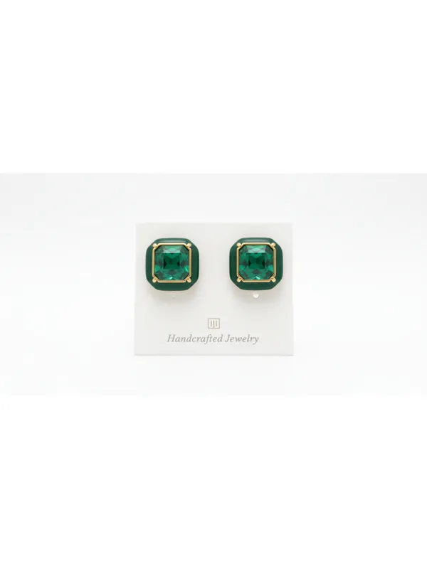 CRUSSTIQUE_GOLD_Emerald_Cut_Crystal_Stud_Earrings,_Red_and_Smoky_Grey_Stone,_Rectangular_Statement_Jewelry_(Green)