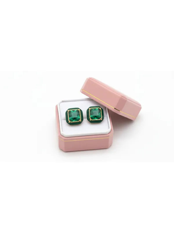 CRUSSTIQUE_GOLD_Emerald_Cut_Crystal_Stud_Earrings,_Red_and_Smoky_Grey_Stone,_Rectangular_Statement_Jewelry_(Green)