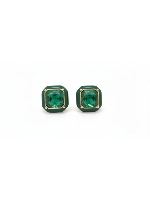CRUSSTIQUE_GOLD_Emerald_Cut_Crystal_Stud_Earrings,_Red_and_Smoky_Grey_Stone,_Rectangular_Statement_Jewelry_(Green)