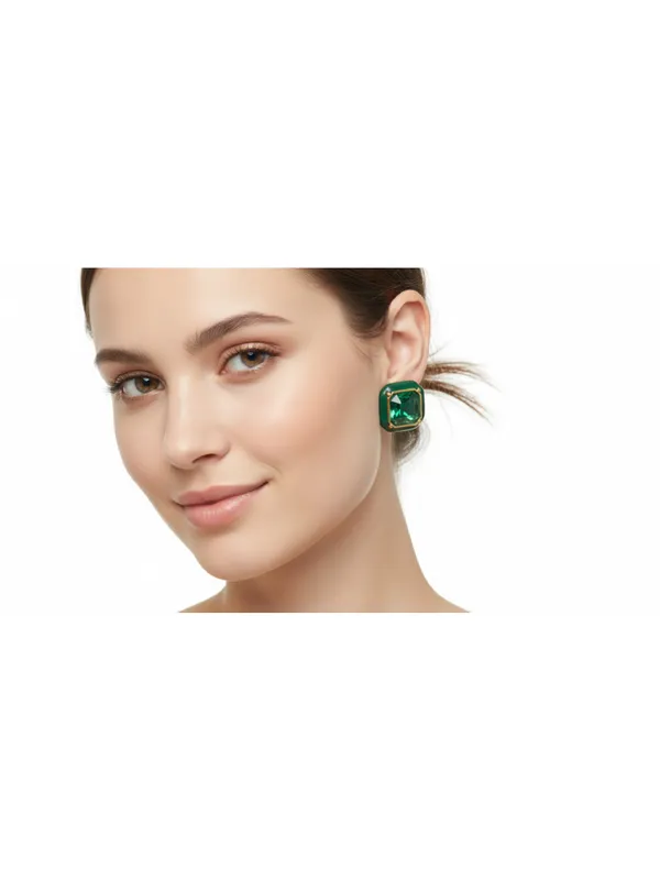 CRUSSTIQUE_GOLD_Emerald_Cut_Crystal_Stud_Earrings,_Red_and_Smoky_Grey_Stone,_Rectangular_Statement_Jewelry_(Green)