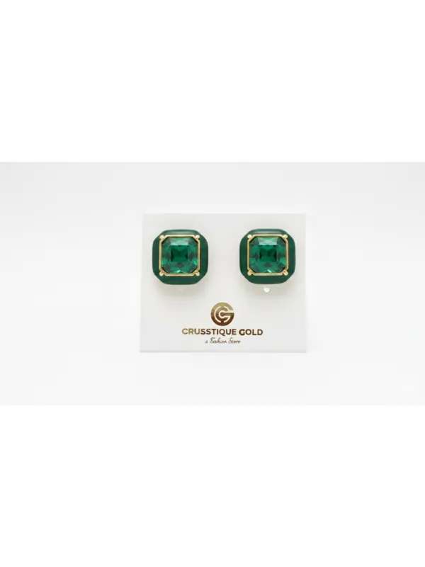 CRUSSTIQUE_GOLD_Emerald_Cut_Crystal_Stud_Earrings,_Red_and_Smoky_Grey_Stone,_Rectangular_Statement_Jewelry_(Green)