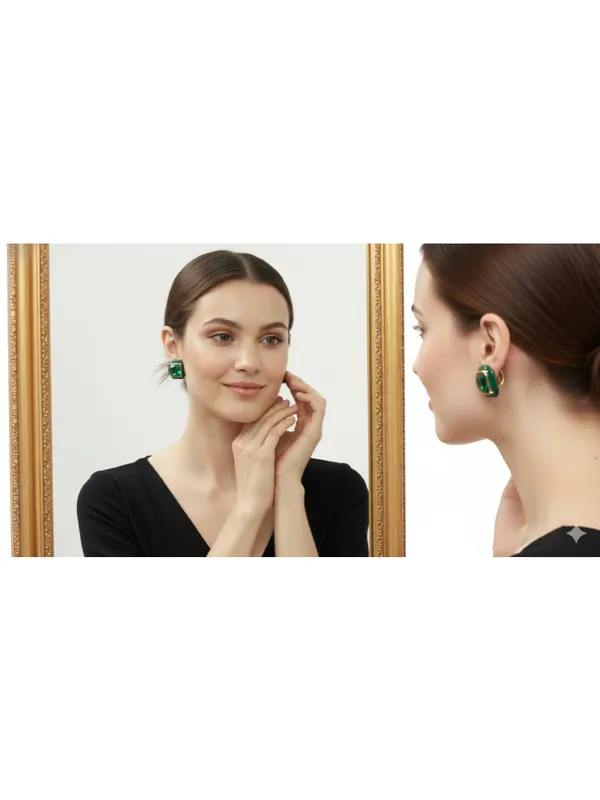 CRUSSTIQUE_GOLD_Emerald_Cut_Crystal_Stud_Earrings,_Red_and_Smoky_Grey_Stone,_Rectangular_Statement_Jewelry_(Green)