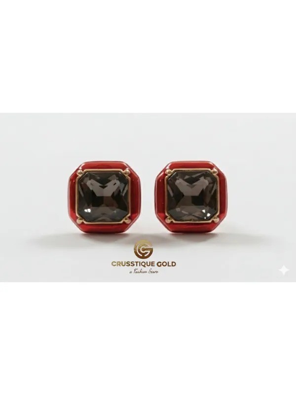 CRUSSTIQUE_GOLD_Emerald_Cut_Crystal_Stud_Earrings,_Red_and_Smoky_Grey_Stone,_Rectangular_Statement_Jewelry_(Red)