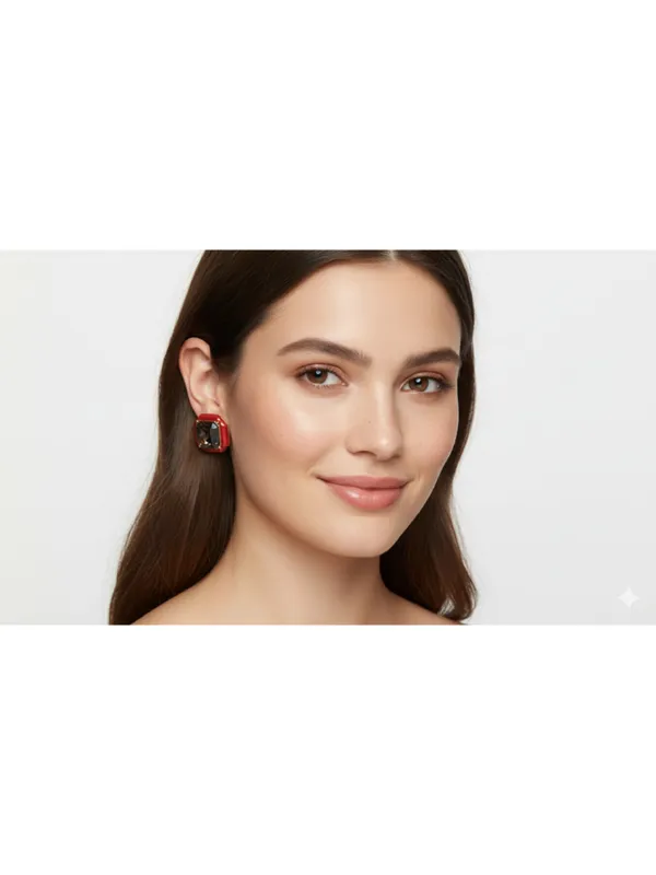 CRUSSTIQUE_GOLD_Emerald_Cut_Crystal_Stud_Earrings,_Red_and_Smoky_Grey_Stone,_Rectangular_Statement_Jewelry_(Red)